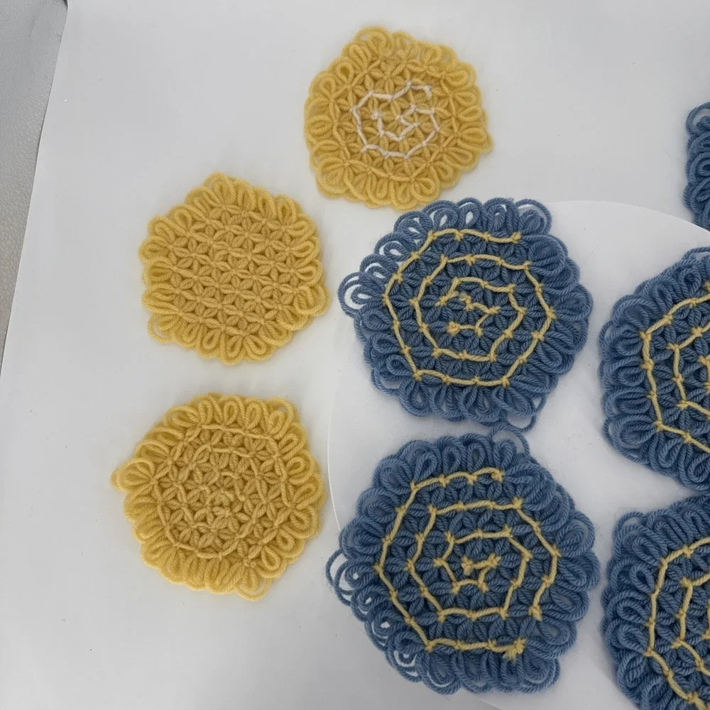 Vtg Handmade Loom Crochet Coasters-4 Blue/Yellow-1 Blue-4 Yellow-1 Yellow/White‎